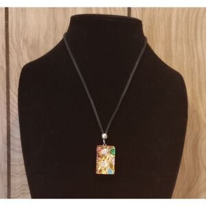 Vintage Murano Glass Multi Color Rectangle Pendant 20-22" Leather Cord Necklace